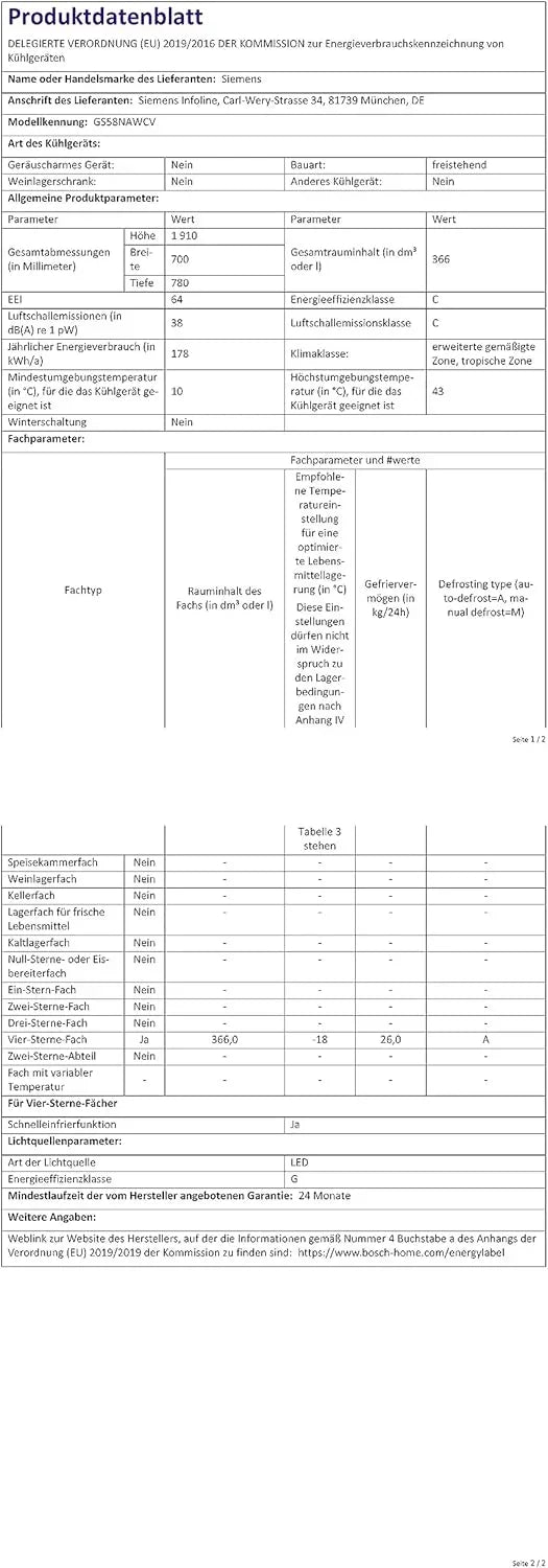 Congelador Siemens GS54NAWCV iQ500, 176 x 70 cm, 327 L, noFrost nunca más volver a descongelar, bigBox espacio para alimentos congelados grandes, varioZone estantes y cajones de cristal flexibles, Blanco