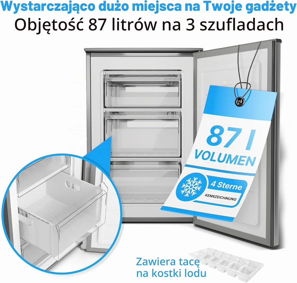 Zamrażarka Bomann®, 87 l, Energooszczędna, cicha i kompaktowa, ≤ -18 °C, płynna regulacja, 3 szuflady i tacka na kostki lodu, 4-gwiazdkowa zamrażarka, odwracalne zawiasy drzwi, Stal nierdzewna GS 7253