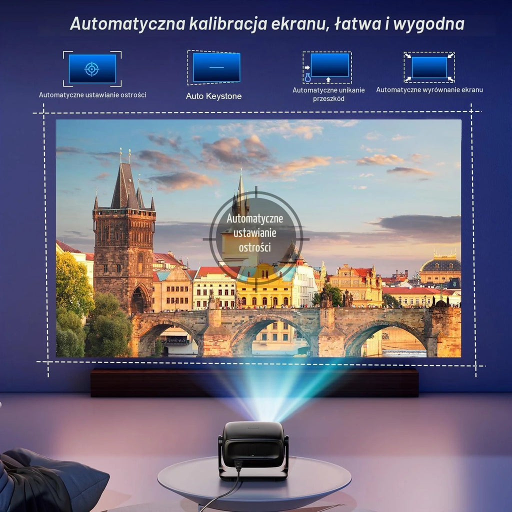 Beamer 4K Android 14.0, 30000 Lumen Projektor Kinowy, Automatyczne Ustawianie Ostrości i Korekcja Trapezu, Bluetooth 5.4 i WiFi 6, Rozmiar Projekcji 30–220 Cali, Kompatybilny z iOS/Android/TV Stick