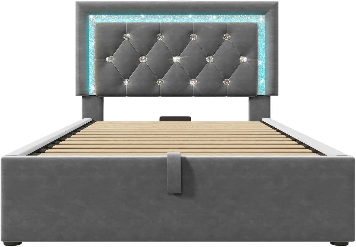 Cama tapizada individual 90x200cm con cabecero LED, estación de carga USB y tipo C, canapé hidráulico con espacio de almacenamiento, cama juvenil moderna con somier, terciopelo (gris, 90x2 00cm)
