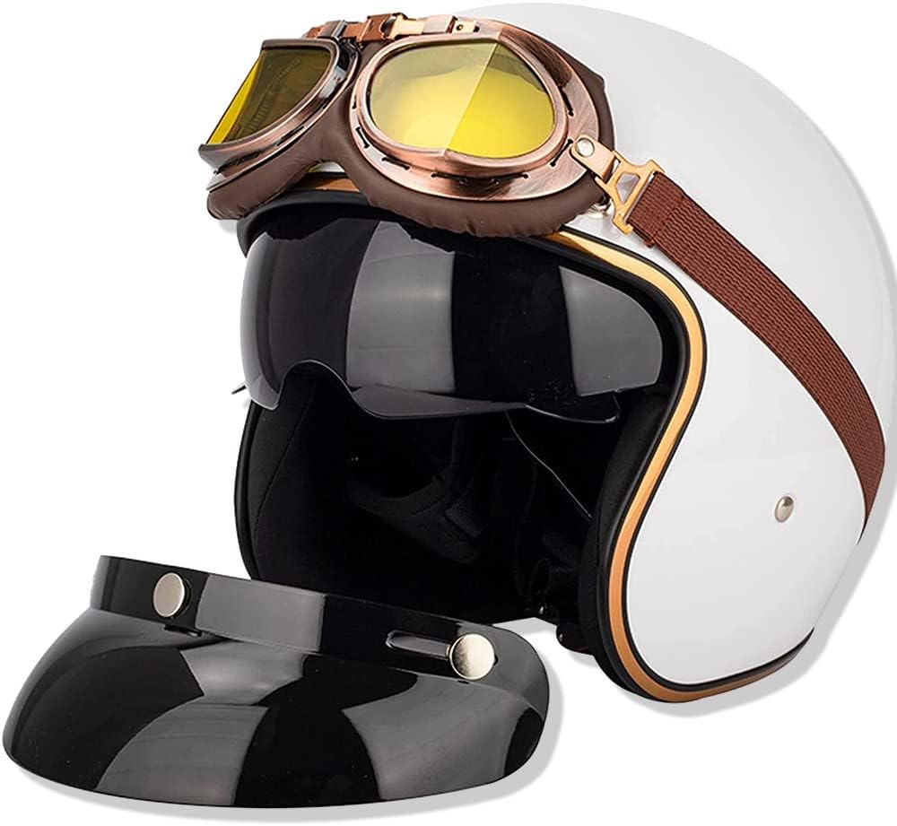 Casco de moto tipo jet vintage con gafas parasol - 3/4 cara abierta con certificación ECE para hombres y mujeres - Retro piloto chopper cruiser biker, M