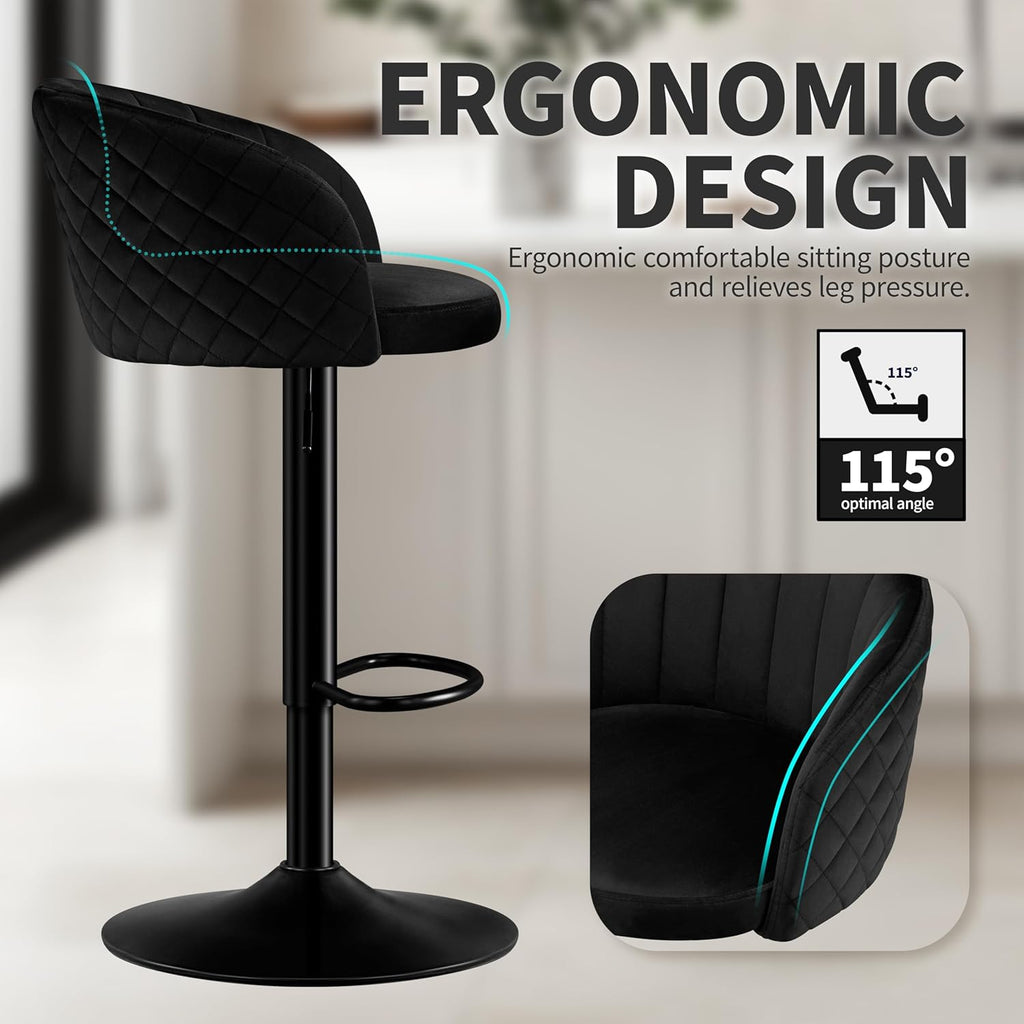 STOOLINK Juego de 2 taburetes de bar, regulables en altura, de tela de terciopelo, giratorios 360°, con respaldo y reposabrazos, para cocina, comedor, café, bistró - Negro