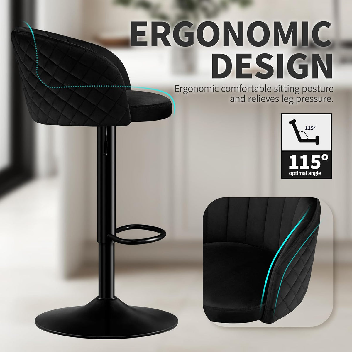 STOOLINK Juego de 2 taburetes de bar, regulables en altura, de tela de terciopelo, giratorios 360°, con respaldo y reposabrazos, para cocina, comedor, café, bistró - Negro