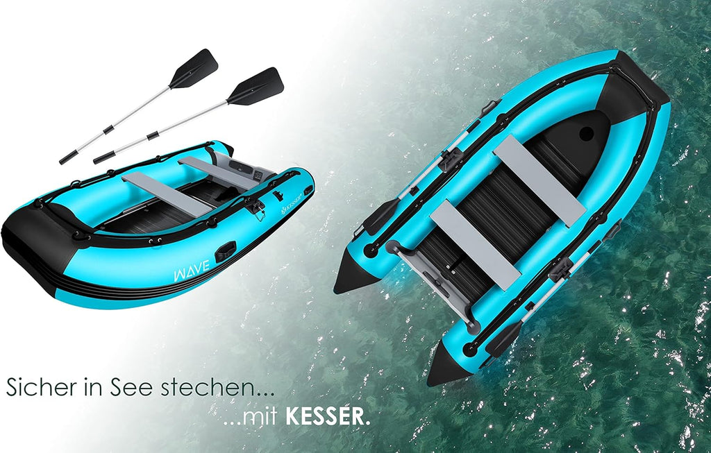 KESSER® Bote neumático Wave 230-320 cm Set de 6 piezas inflable – Bote + banco, bomba de aire, remos, kit de reparación, bolsa, bote de pesca, bote de remos pequeño y grande - compatible con motor, apto para agua salada