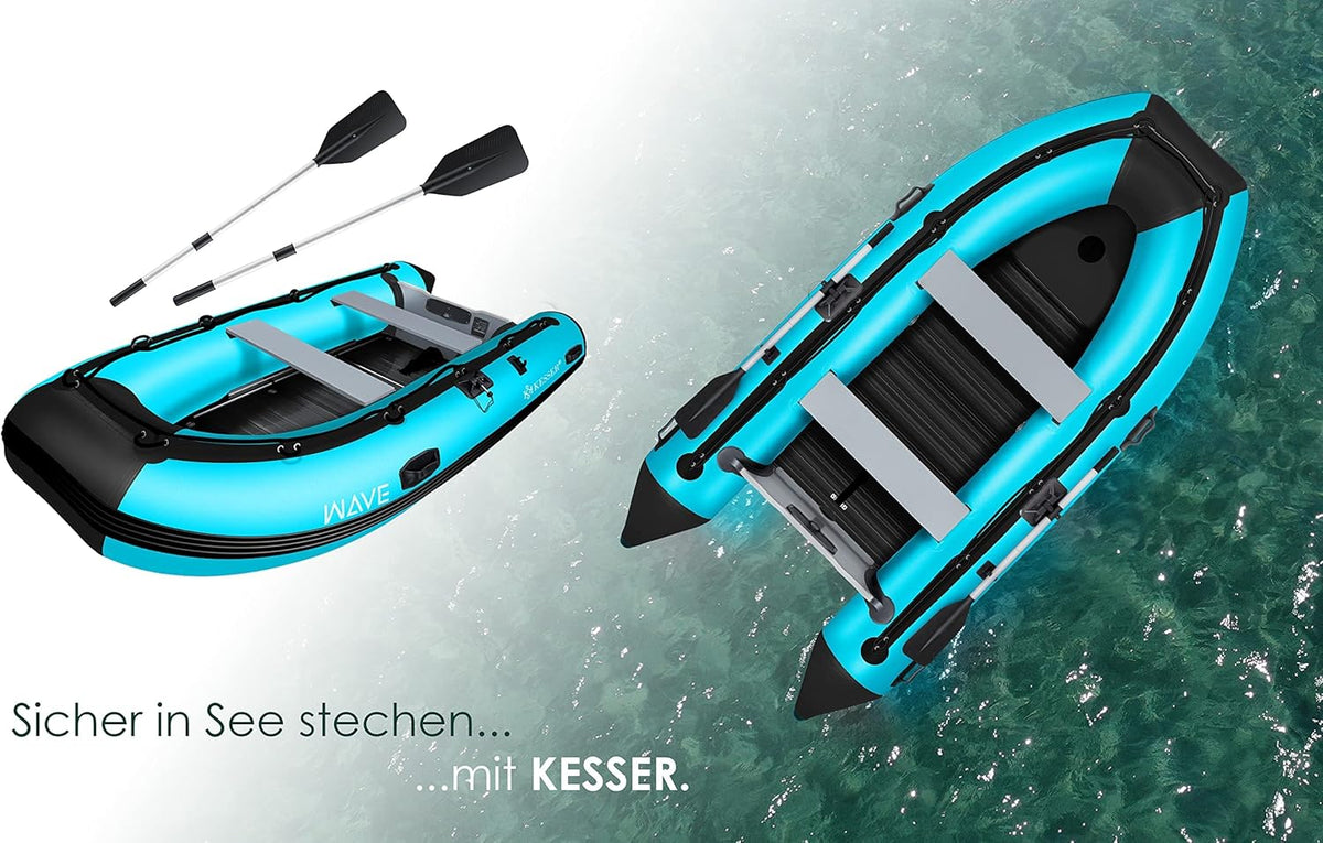 KESSER® Bote neumático Wave 230-320 cm Set de 6 piezas inflable – Bote + banco, bomba de aire, remos, kit de reparación, bolsa, bote de pesca, bote de remos pequeño y grande - compatible con motor, apto para agua salada
