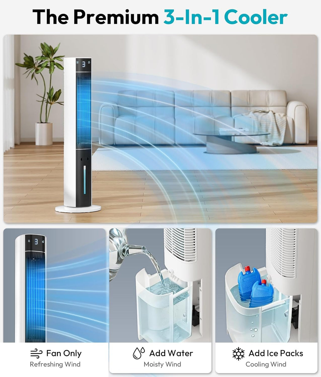 Enfriador de aire por evaporación: enfriador de pantano 3 en 1 con tanque de agua de 3 L, 3 modos y 3 velocidades, control remoto, temporizador de 12 horas, ventilador de torre de enfriamiento portátil sin aspas con oscilación de 50° para habitación