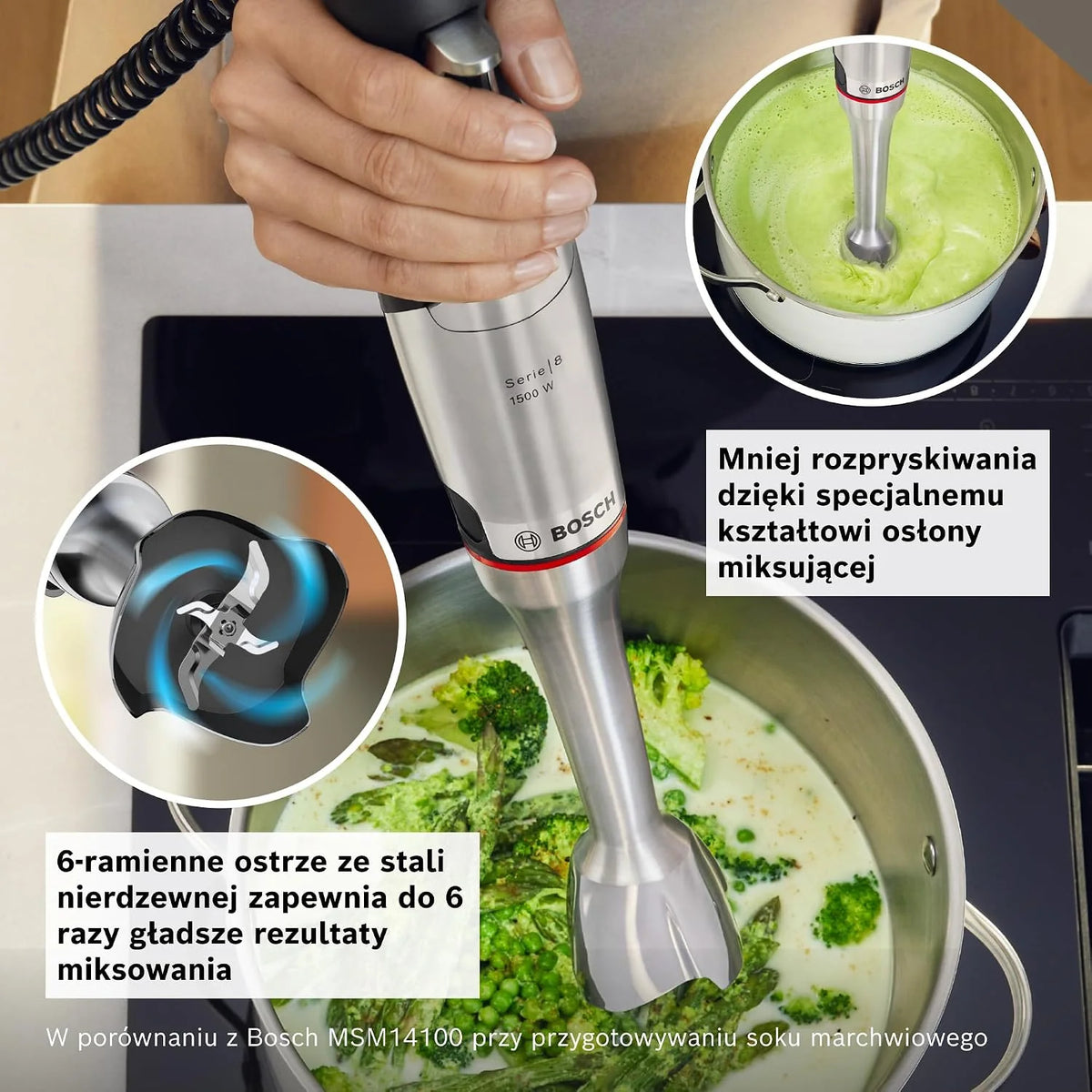 Bosch, blender ręczny, ErgoMaster Serie 8, silnik 1500 W, intuicyjna regulacja prędkości, 6-ramienne ostrze, akcesoria w zestawie, stal nierdzewna, MSM8M930