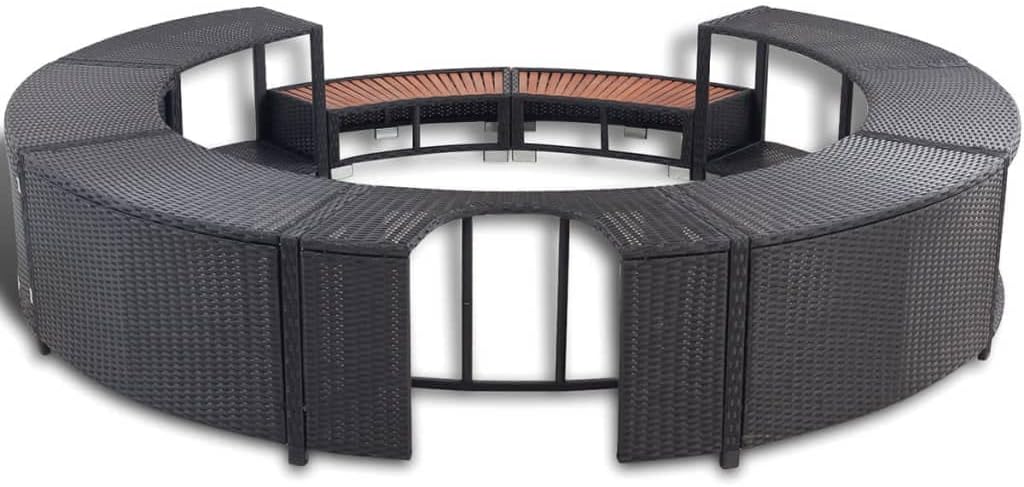 Borde KOIECETA con almacenamiento para jacuzzi spa piscina, borde de piscina de poliratán negro, madera dura, redondo, acero con recubrimiento en polvo (V31009)