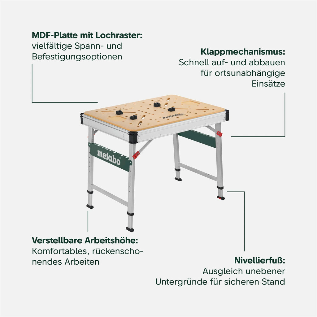 Mesa multifunción Metabo MWB 100, banco de trabajo plegable, caballete móvil, 120 kg, incl. 2 sargentos y 4 topes de banco