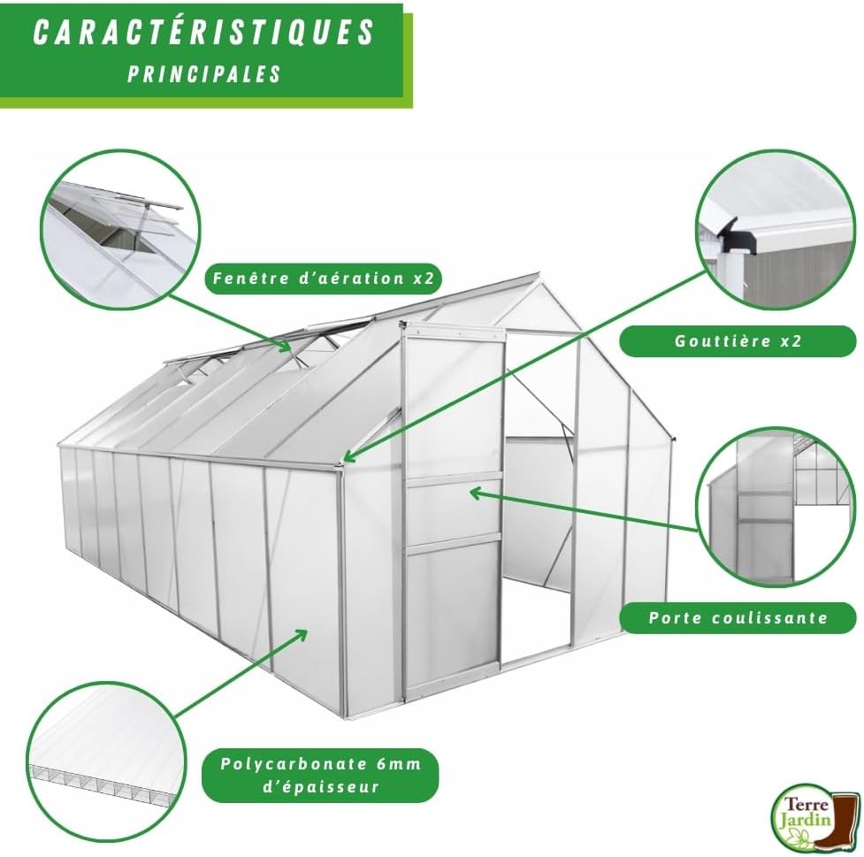 Invernadero de jardín de aluminio y policarbonato de 12,25 m²