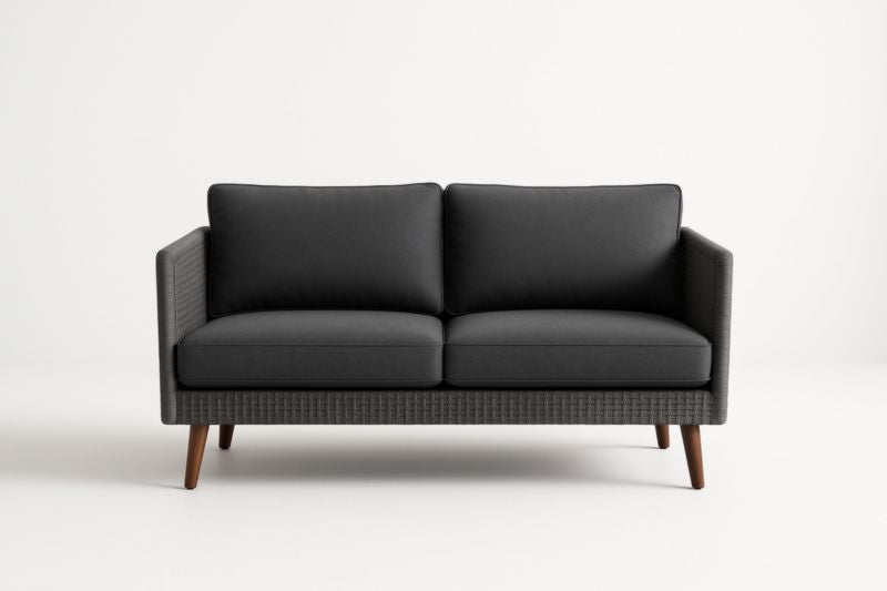 Sofá de tela gris antracita con patas de madera