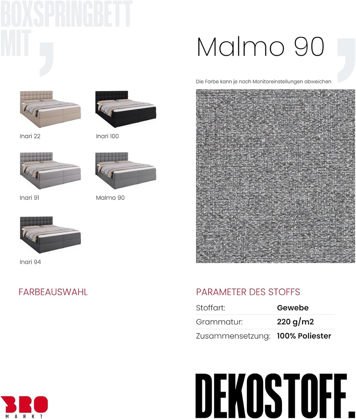Cama boxspring BROMARKT con arcón, cama tapizada con colchón Bonell y topper, cama para dormitorio con cabecero acolchado Dakota, muelles Bonell, 180x200, grado de firmeza H3, gris Malmo