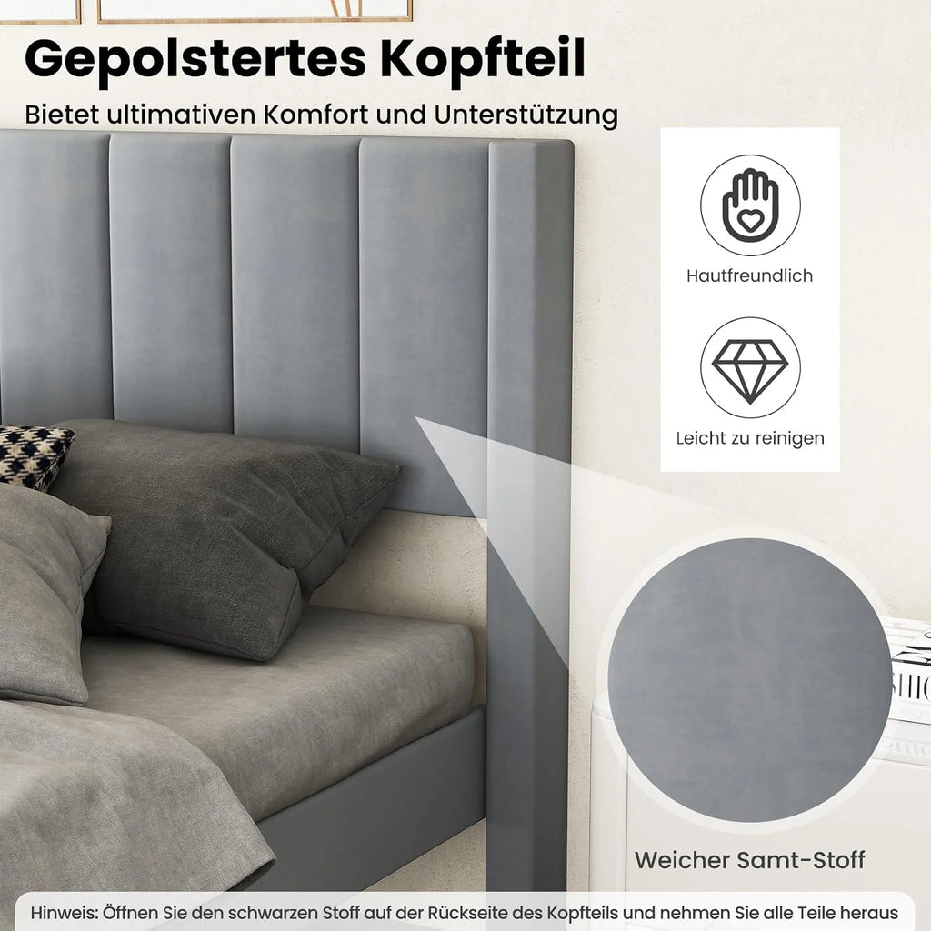 COSTWAY Rama łóżka na materac 200 x 140 cm, tapicerowany stelaż łóżka dwuosobowego, łóżko z podnóżkiem z zagłówkiem, drewniana podpora, regulowane podkładki pod stopy, kolor szary (Model I,L)