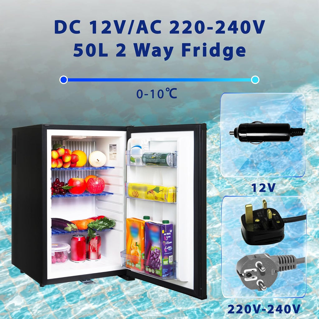 Frigorífico Smad 12V, Nevera para Autocaravana 12V 220V, Refrigerador Silencioso con Cerradura, para Coche, Caravana, Furgoneta, Dormitorio, Oficina, Hotel, Alojamiento, 50L, Negro