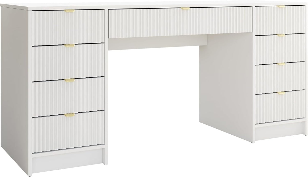 Escritorio Mirjan24 Tireno Bis, 9 cajones con frentes acanalados, escritorio para estudiantes, mesa de ordenador, escritorio infantil, mesa de trabajo, mesa para PC, habitación juvenil, habitación infantil (blanco velvet)