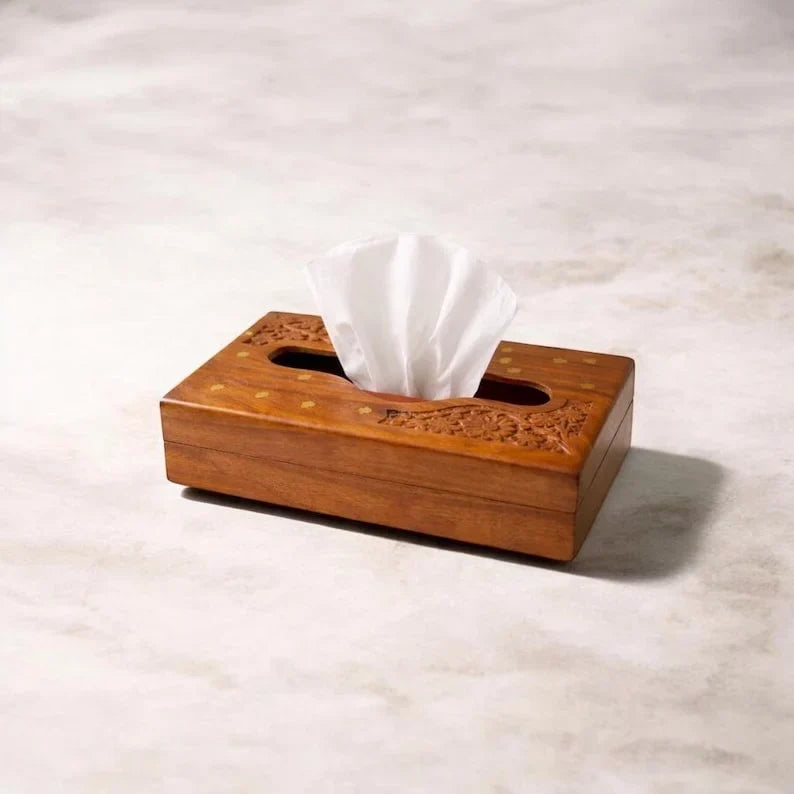 Caja rectangular de madera para servilletas con tallado floral, decoración rústica para baño, oficina o escritorio