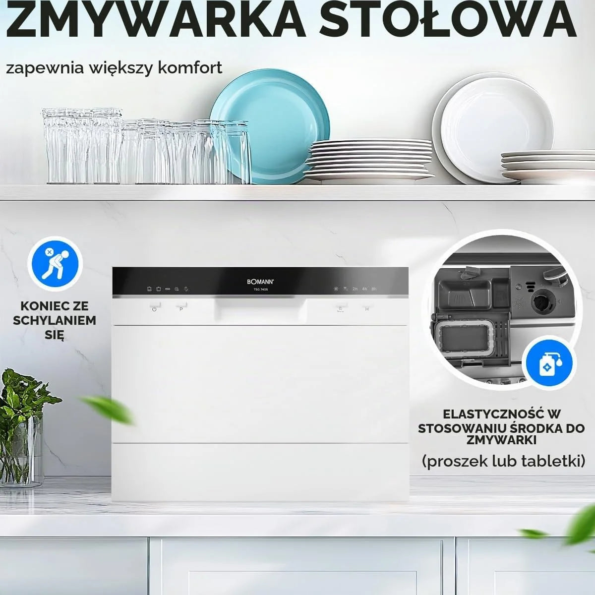 Bomann, Zmywarka kompaktowa TSG7405-biała, 6 poziomów ustawień, 5 programów zmywania, Wskaźniki LED, Automatyczne otwieranie, Zabezpieczenie przed przepełnieniem,