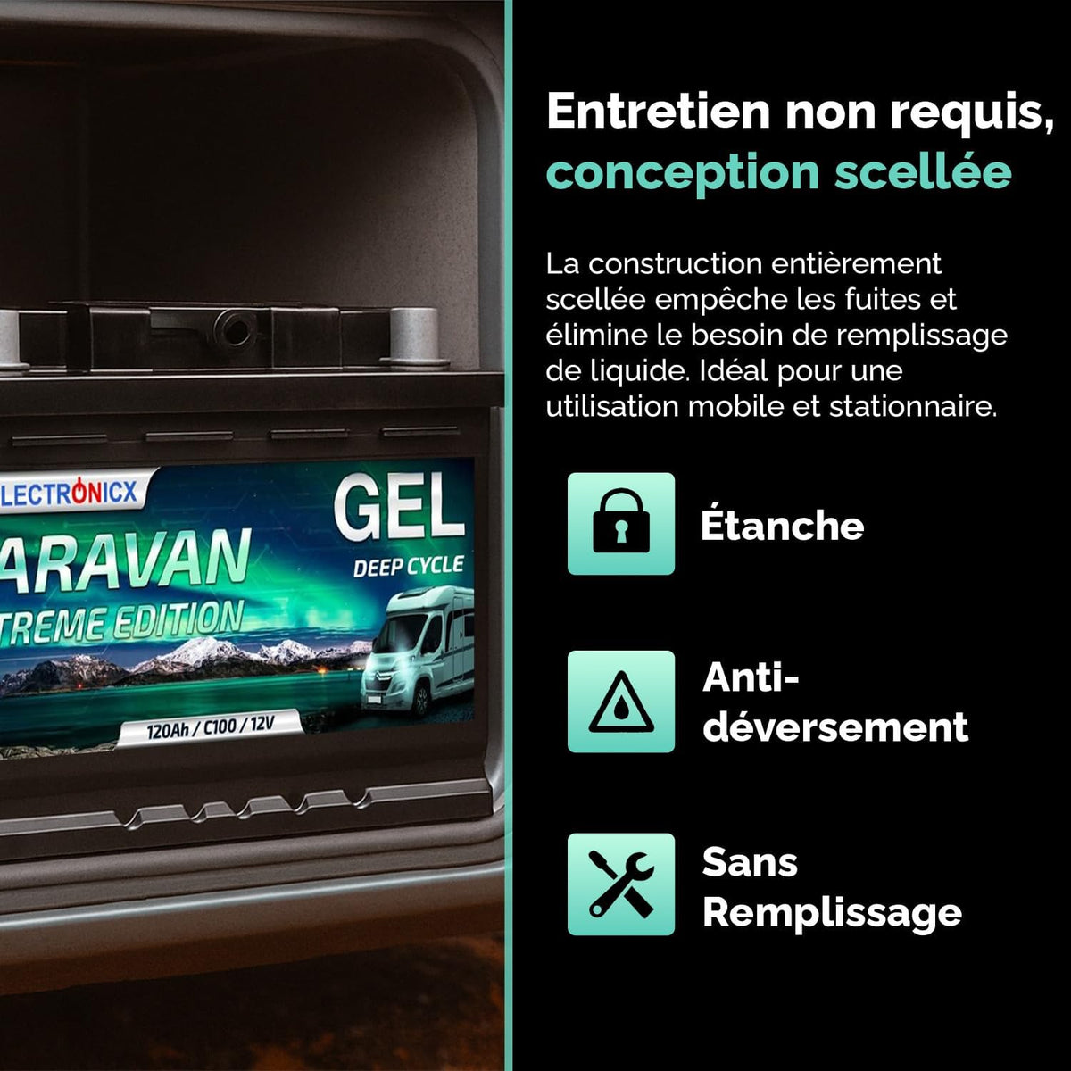 Batería de servicio Electronicx GEL Caravan Extreme 12V 120Ah / 120 Ah 12 Voltios – Batería de descarga lenta, sin mantenimiento y sellada – 353×175×190 mm – Autocaravana Caravana Solar Ocio Camping