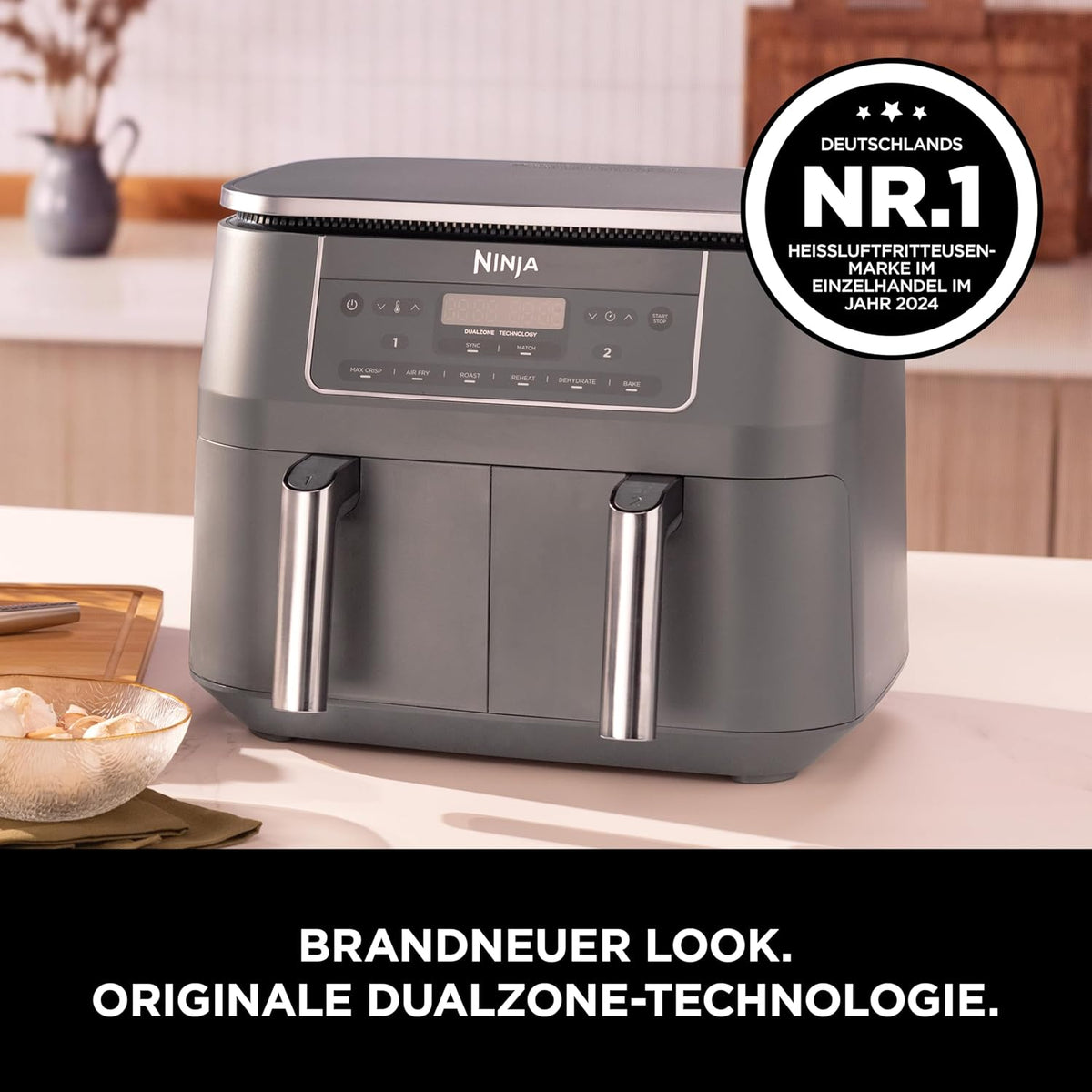 Freidora de aire digital de doble zona Ninja, 2 cajones, 6 en 1, freidora de aire sin aceite, 7,6 L, freír con aire, Max Crisp, asar, hornear, recalentar, cestas aptas para lavavajillas, gris metálico DZ300EU