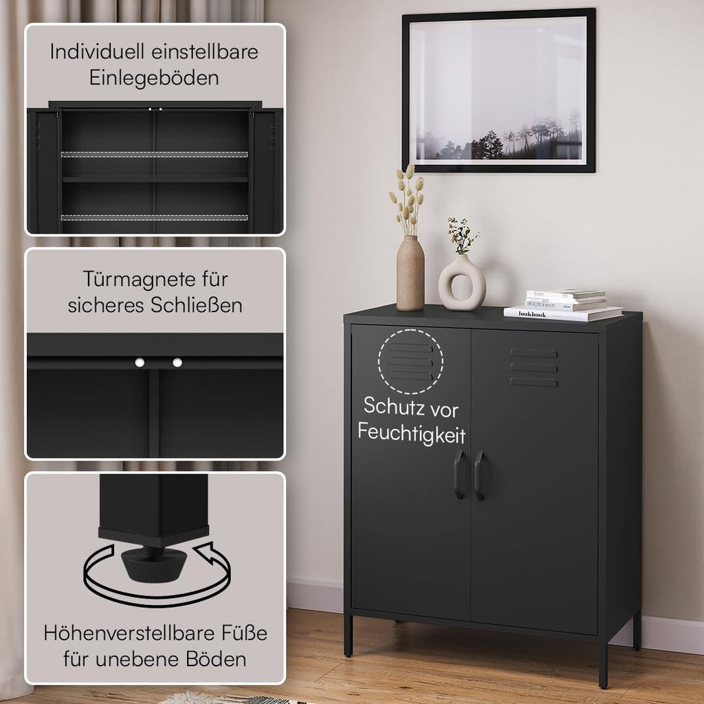 Cómoda de metal Atria de skølm – Aparador en negro – Armario metálico con 3 compartimentos y puertas dobles – Armario multiusos con estantes flexibles – Highboard estilo industrial – Armario de almacenaje/mueble recibidor