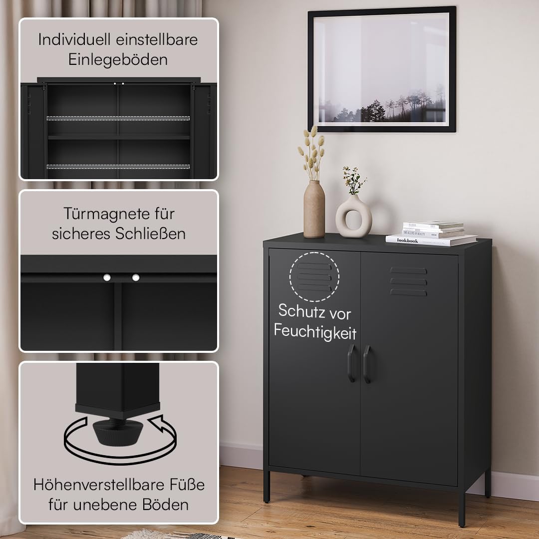 Cómoda de metal Atria de skølm – Aparador en negro – Armario metálico con 3 compartimentos y puertas dobles – Armario multiusos con estantes flexibles – Highboard estilo industrial – Armario de almacenaje/mueble recibidor