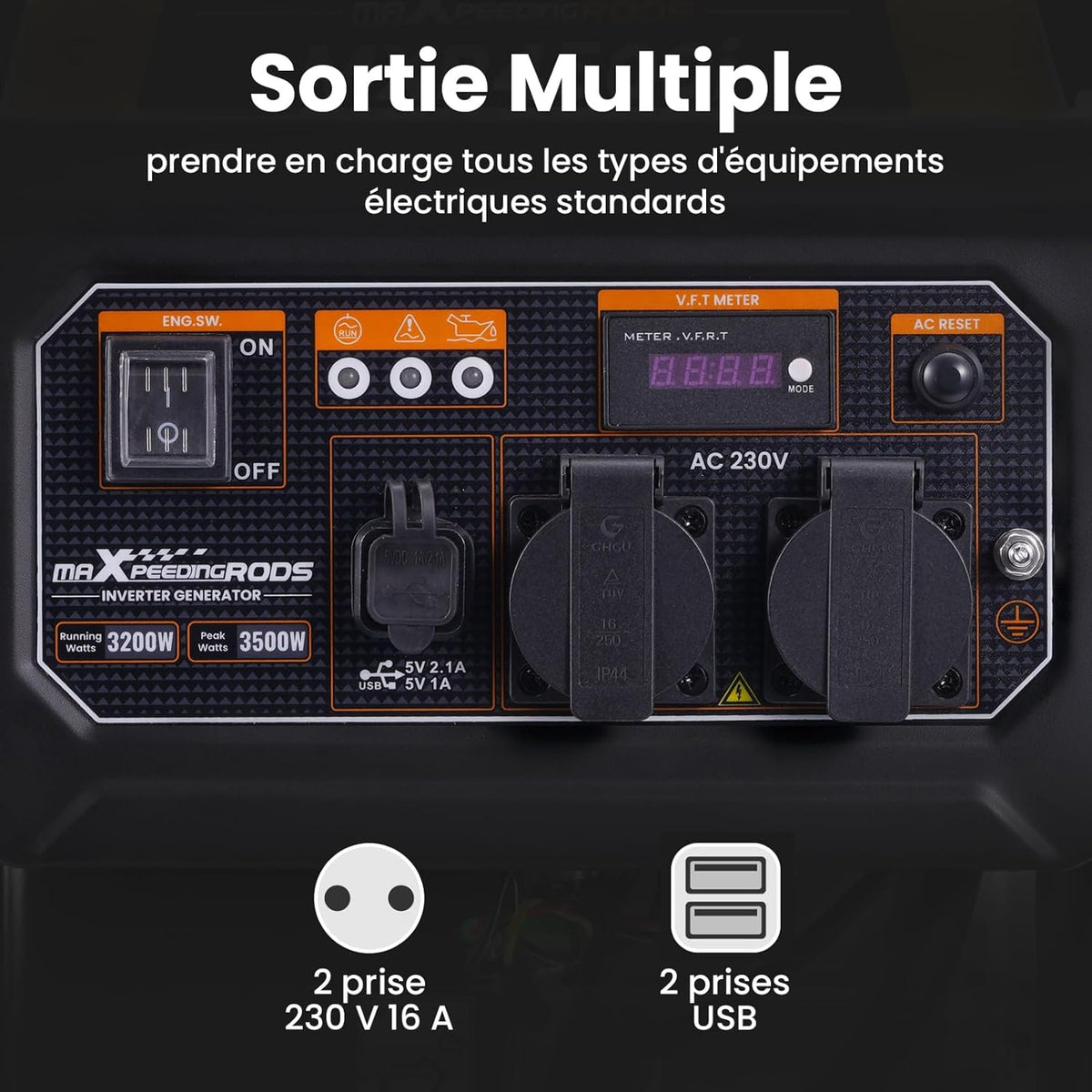 maXpeedingrods Generador de gasolina de 4 tiempos de 3500 W con 2 tomas de 230 V y USB, generador ligero y silencioso, fuente de alimentación de respaldo para garaje, taller, camping y hogar, 26 kg de peso