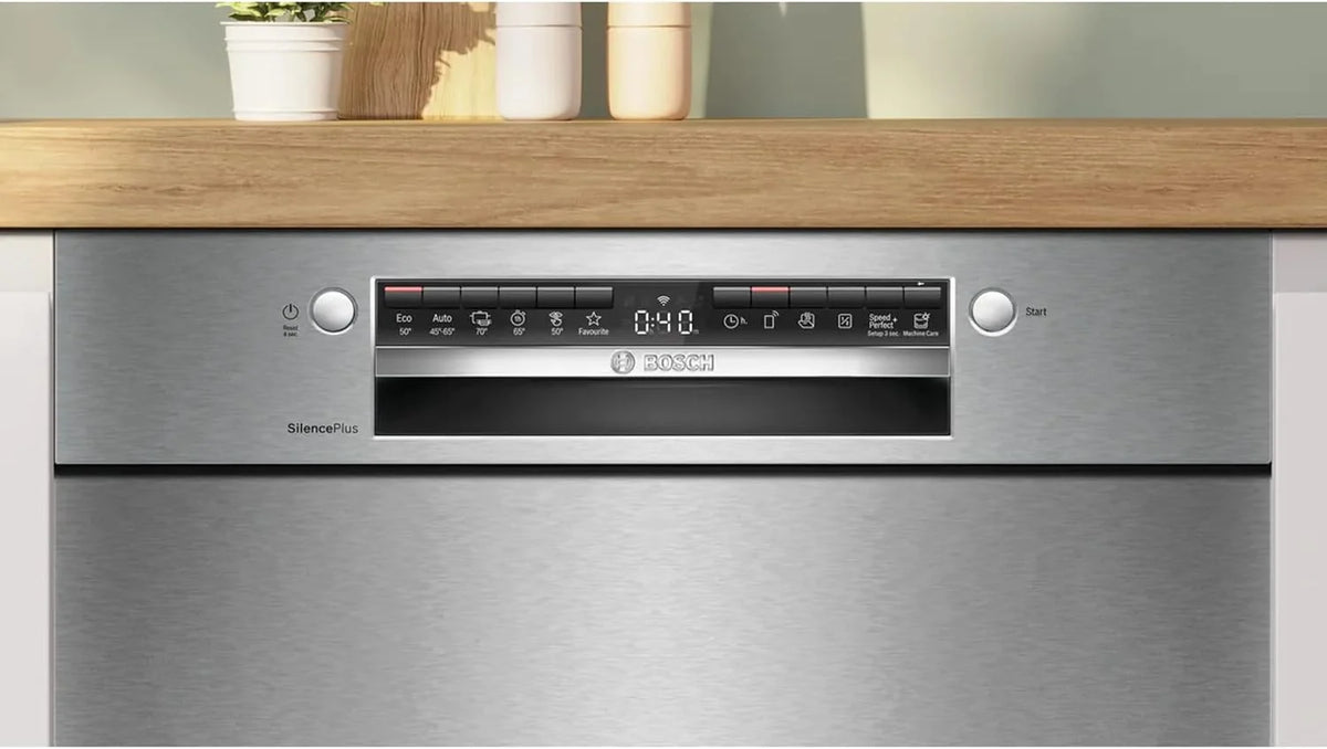 Bosch SMU4EVS08E, seria 4, inteligentna zmywarka do naczyń 60 cm, szuflada na sztućce, zmywarka z asystentem programu, wyjątkowo cicha, górny kosz z regulacją wysokości, automatyczne otwieranie drzwi