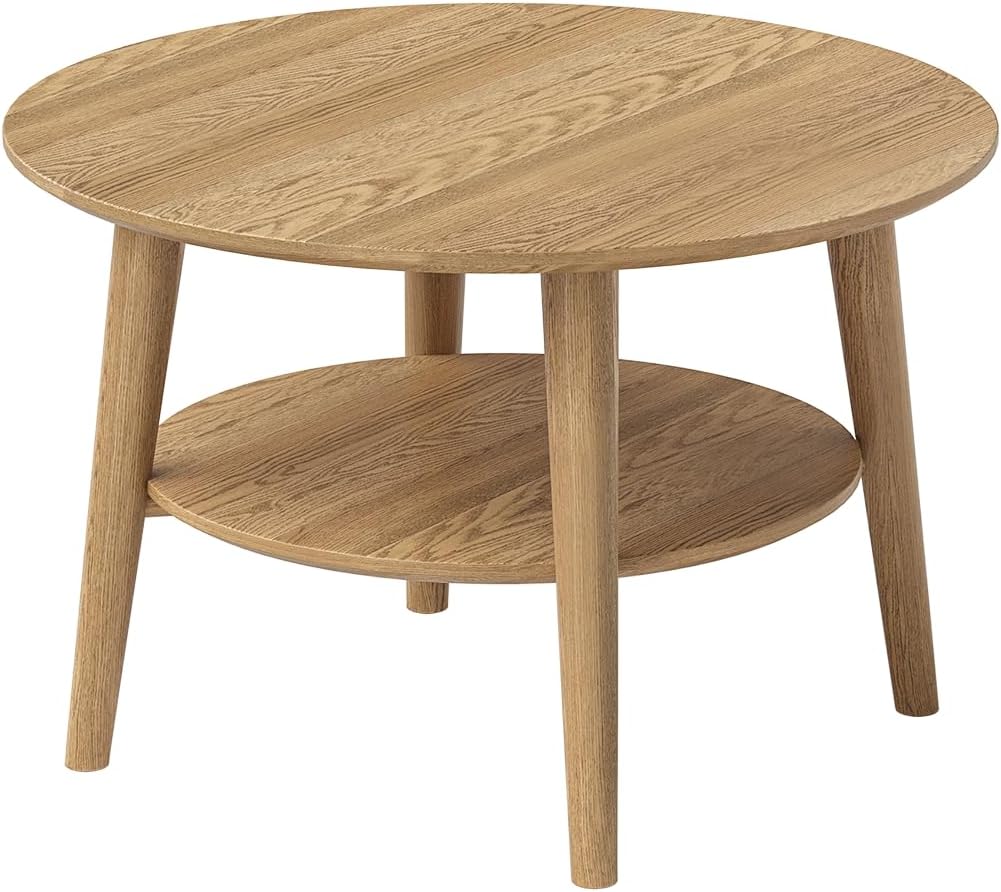 Mesa de centro redonda skølm Mjölnir Ø70 cm – Mesa de salón de madera maciza de roble – Mesa de sofá con 2 estantes – Mesa auxiliar pequeña con acabado de aceite natural – Mesa de madera para salón con espacio de almacenamiento – Coffee Table