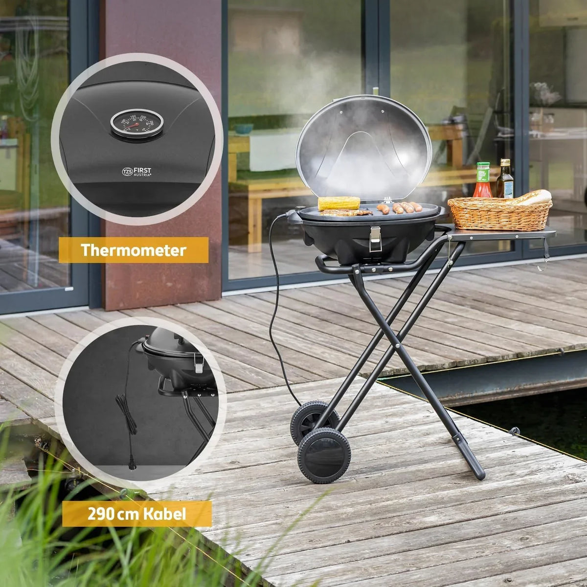 Parrilla eléctrica 2 en 1 de mesa y de pie, 2400 W, con tapa, termómetro, bandeja de goteo y carro con ruedas