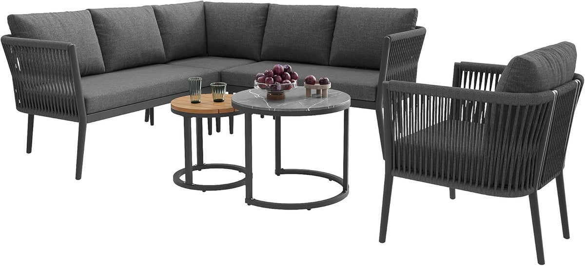 Conjunto de jardín Merax para 5-6 personas, set de muebles de jardín de ratán PE, grupo de asientos para balcón, sofá modular para exterior con mesa y set de cojines, grupo de asientos resistente a la intemperie para terraza, balcón y jardín, gris