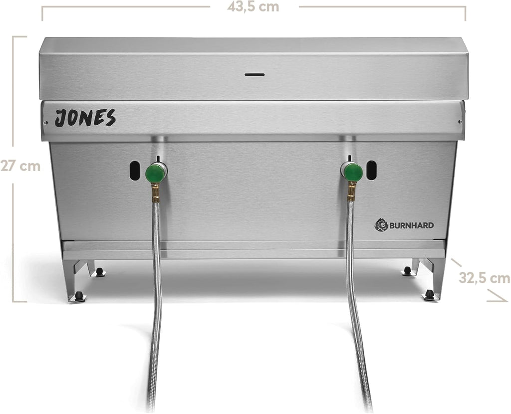 Barbacoa de gas para camping BURNHARD® JONES, barbacoa plegable de acero inoxidable con tapa, 2 quemadores, 6,4 kW, incluye bolsa de transporte con función de mochila y herramienta multiusos, barbacoa plegable ideal para camping