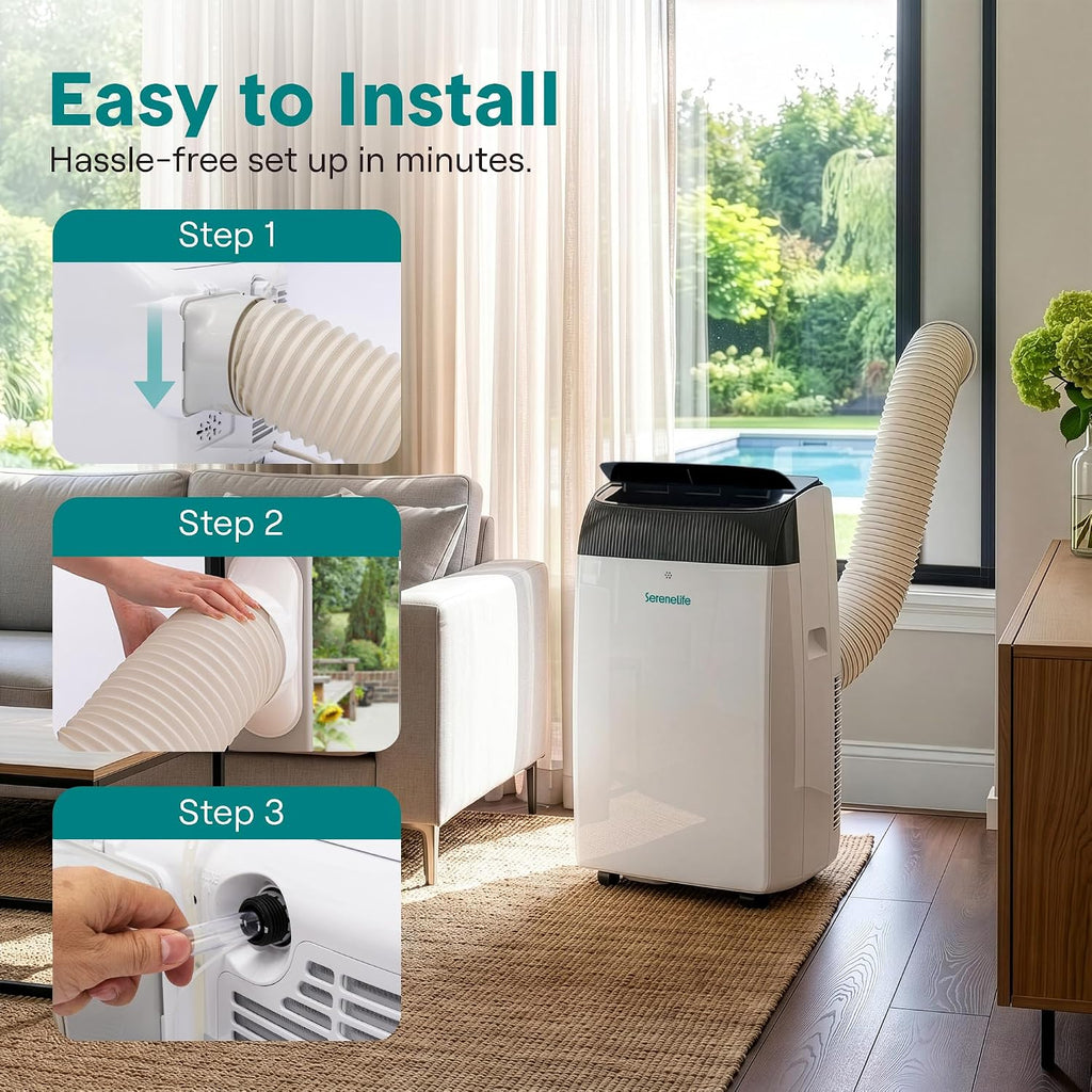 Aire acondicionado portátil SereneLife de 12,000 BTU con deshumidificador, calefacción y ventilador | Unidad de aire acondicionado portátil con Wi-Fi para control climático en áreas amplias | Aire acondicionado compacto de pie con kit para ventana