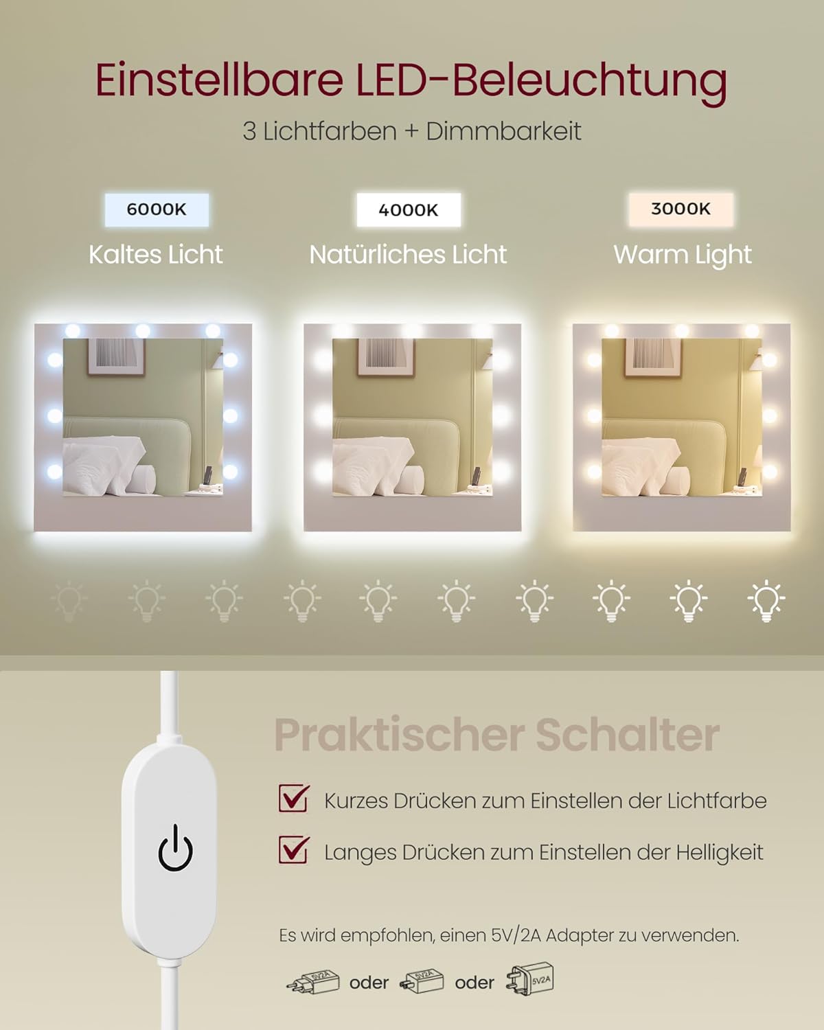 Colección VASAGLE Kailyn - Tocador con espejo y luces LED, regleta de enchufes, 9 cajones, 9 bombillas regulables, 3 colores de luz, rieles deslizantes sin herramientas, blanco nube RDT141WB02
