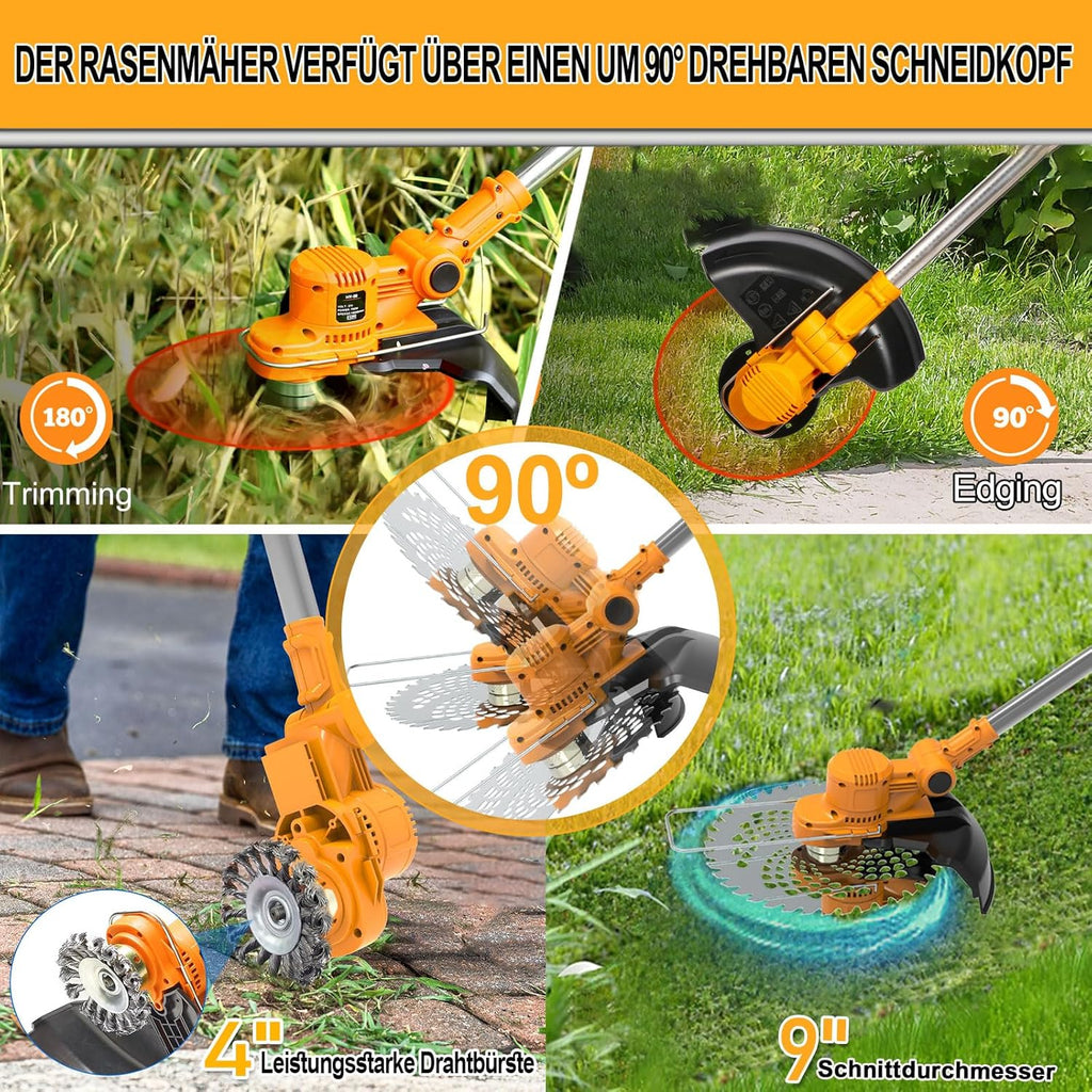 Cortacésped inalámbrico con batería y cepillo para malas hierbas 4 en 1, desbrozadora con cepillo para malas hierbas, desbrozadora sin escobillas de 21 V, cortacésped eléctrico con 2 baterías de 4.0 Ah, cargador, telescópico, ajustable, naranja