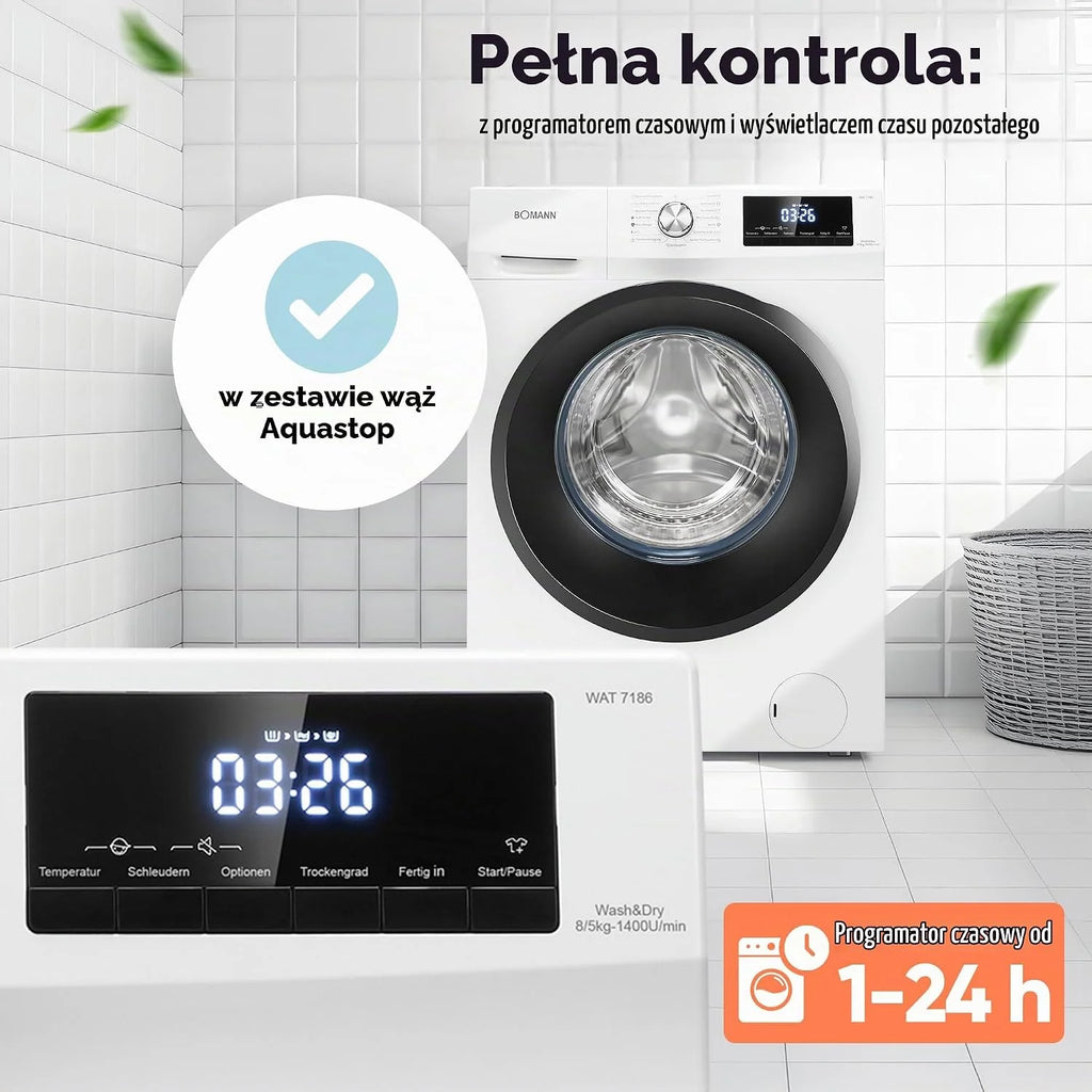 Bomann® Pralko-suszarka | pranie i suszenie w jednym cyklu | pranie 8 kg, suszenie 5 kg | silnik inwertorowy | 1400 obr./min | funkcja pary | zintegrowana pralka z suszarką | WAT 7186 biała