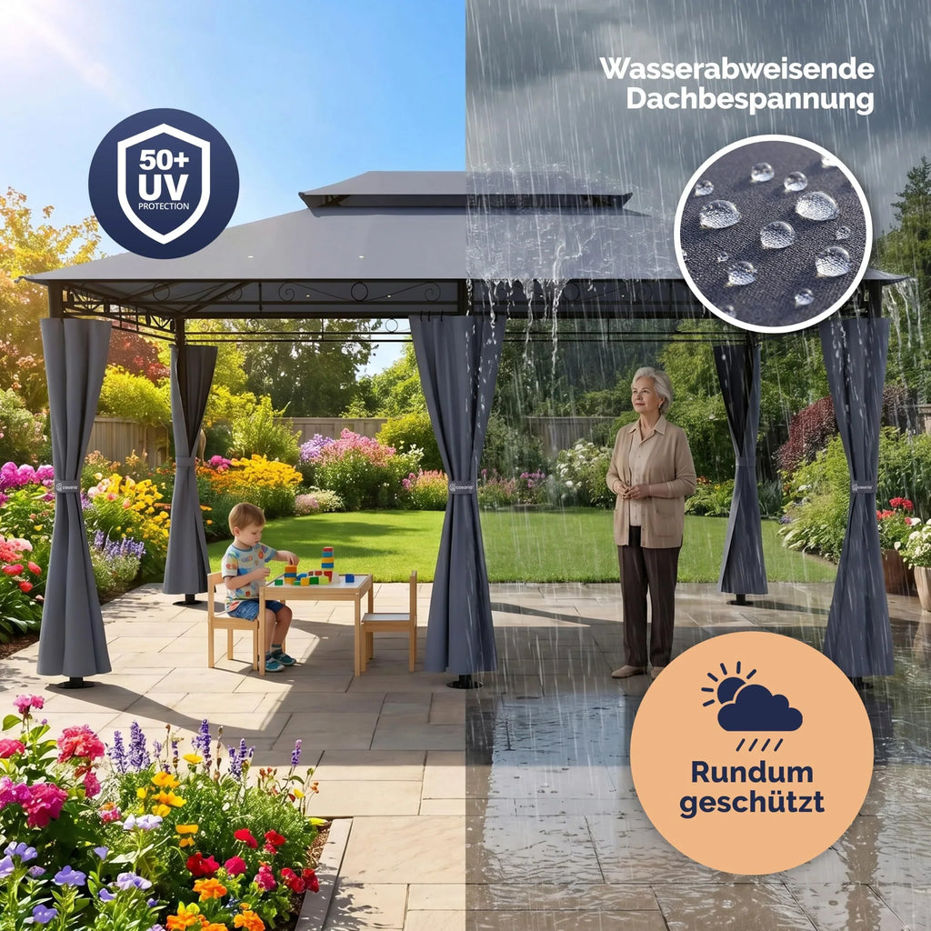 Pabellón de 3 x 4 m con laterales, protección UV 50+, techo repelente al agua, estructura de acero y ventilación superior