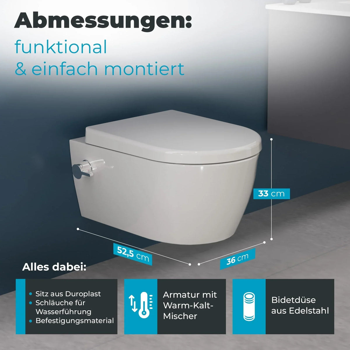Inodoro con bidet suspendido SSWW sin reborde, 52 cm, boquilla de acero inoxidable, asiento de duroplast con cierre suave, revestimiento nano, agua fría y caliente
