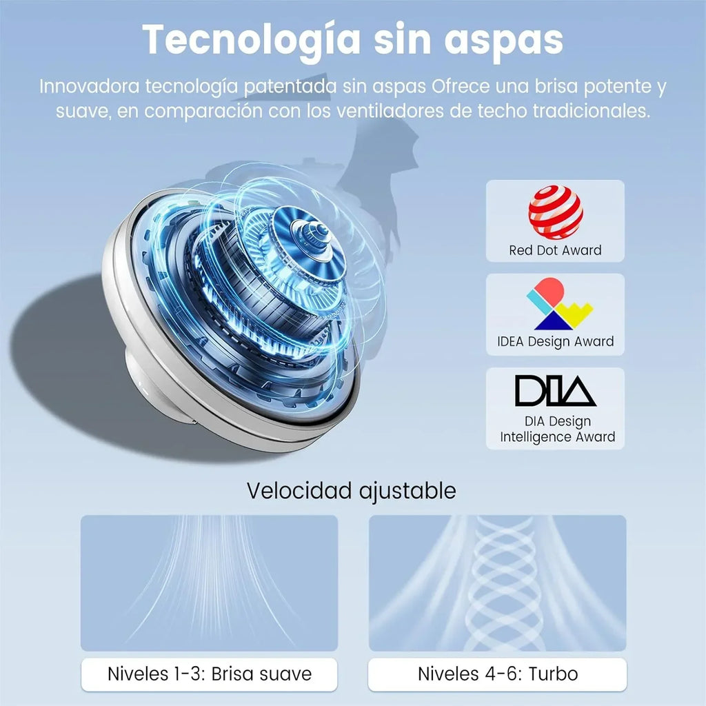 Ventilador de techo silencioso sin aspas con luz regulable, motor DC de 30W, luz LED CCT de 3000-5700K (60W total), con mando a distancia, 6 velocidades, temporizador y función de memoria, apto para salón y dormitorio.
