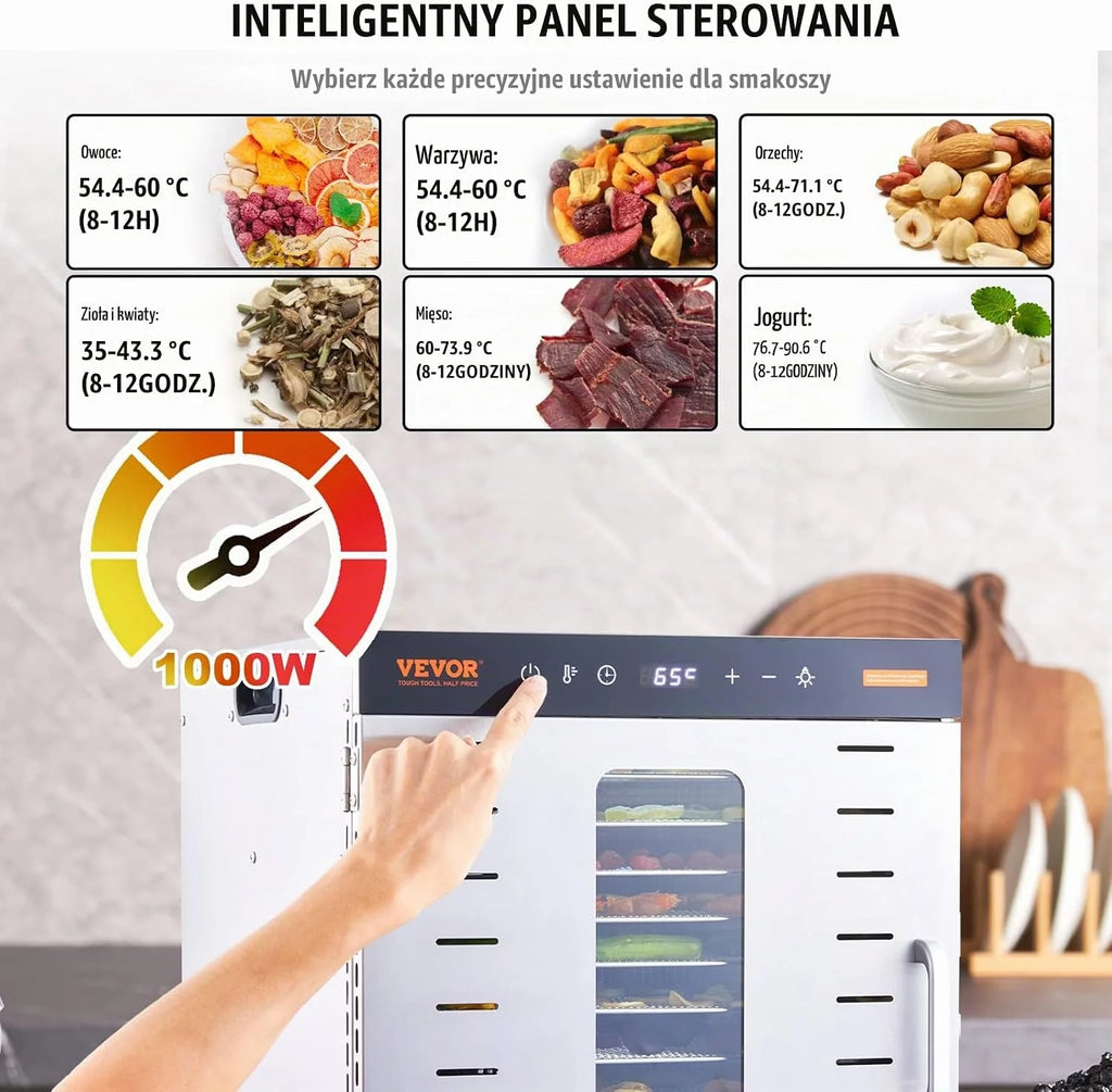 VEVOR Maszyna do odwadniania żywności 10 tacek ze stali nierdzewnej 1000 W Elektryczny odwadniacz owoców i warzyw Regulowana temperatura 30-90 °C Timer 0,5-48 h do ziół, mięsa