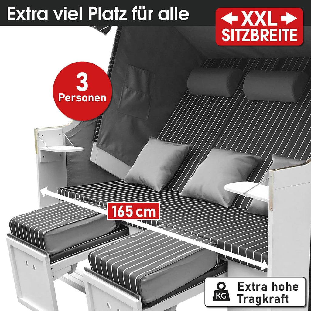 BRAST® Cesta de playa Usedom XXL de 3 plazas para 2-3 personas | 165 cm de ancho | 5 diseños | incluye funda impermeable | respaldo ajustable, cojines para los pies | antracita/gris - a rayas
