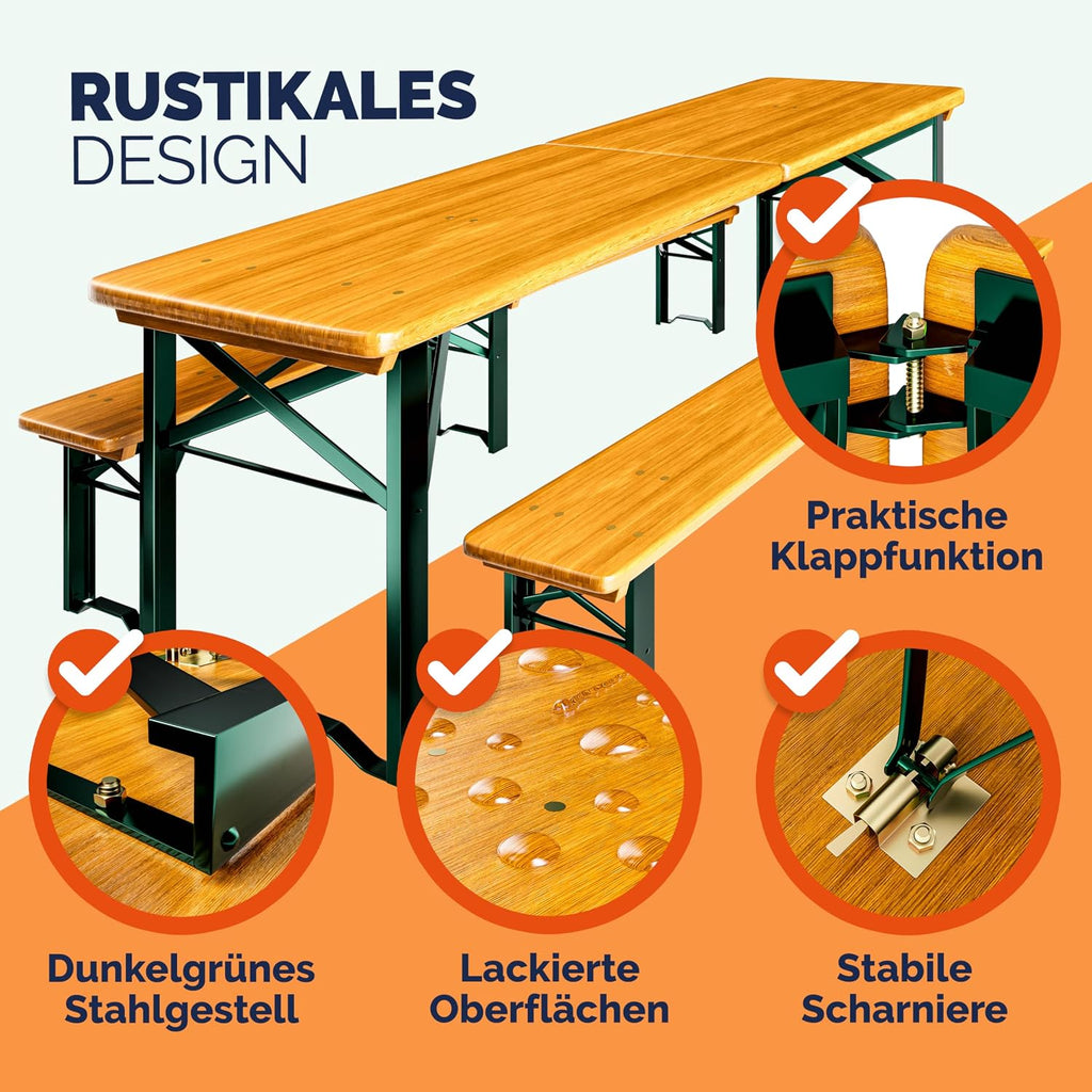 Set de mesa y bancos cerveceros Casaria 220 cm plegable y estable de 3 piezas: 2 bancos de cerveza y 1 mesa ancha, conjunto de madera para jardín, fiestas y eventos