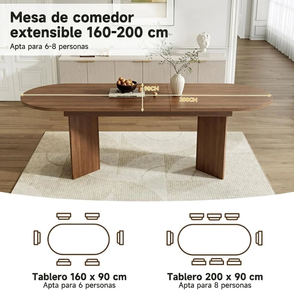 Okrągły stół do jadalni wysuwany 160/200 x 90 x 75 cm, wysuwany stół do jadalni, stół kuchenny, dla 6-8 osób, do kuchni, salonu (kolor drewna orzecha włoskiego, 160/200 x 90 x 75 cm)