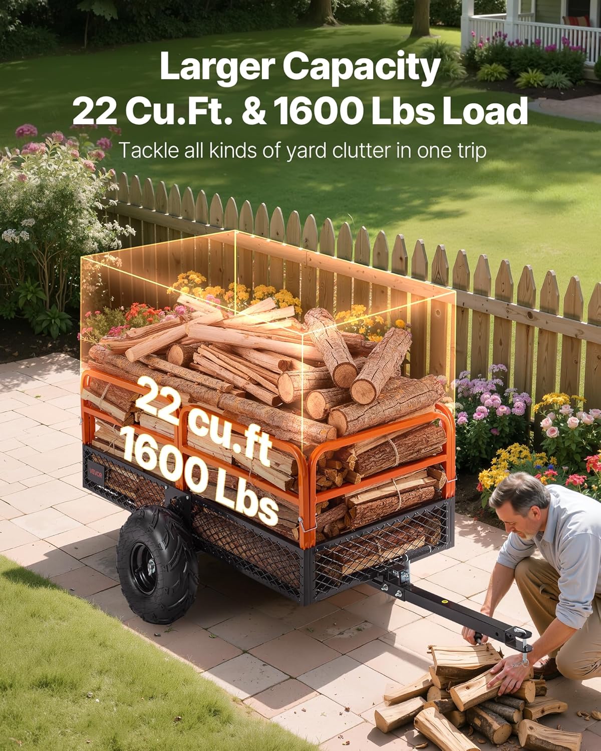 VEVOR Remolque Basculante, 623 L, Remolque de Jardín para Tractor Cortacésped de Acero, Capacidad de Carga 725,75 kg, con Neumáticos de 40,64 cm, Carrito de Transporte para ATV, UTV