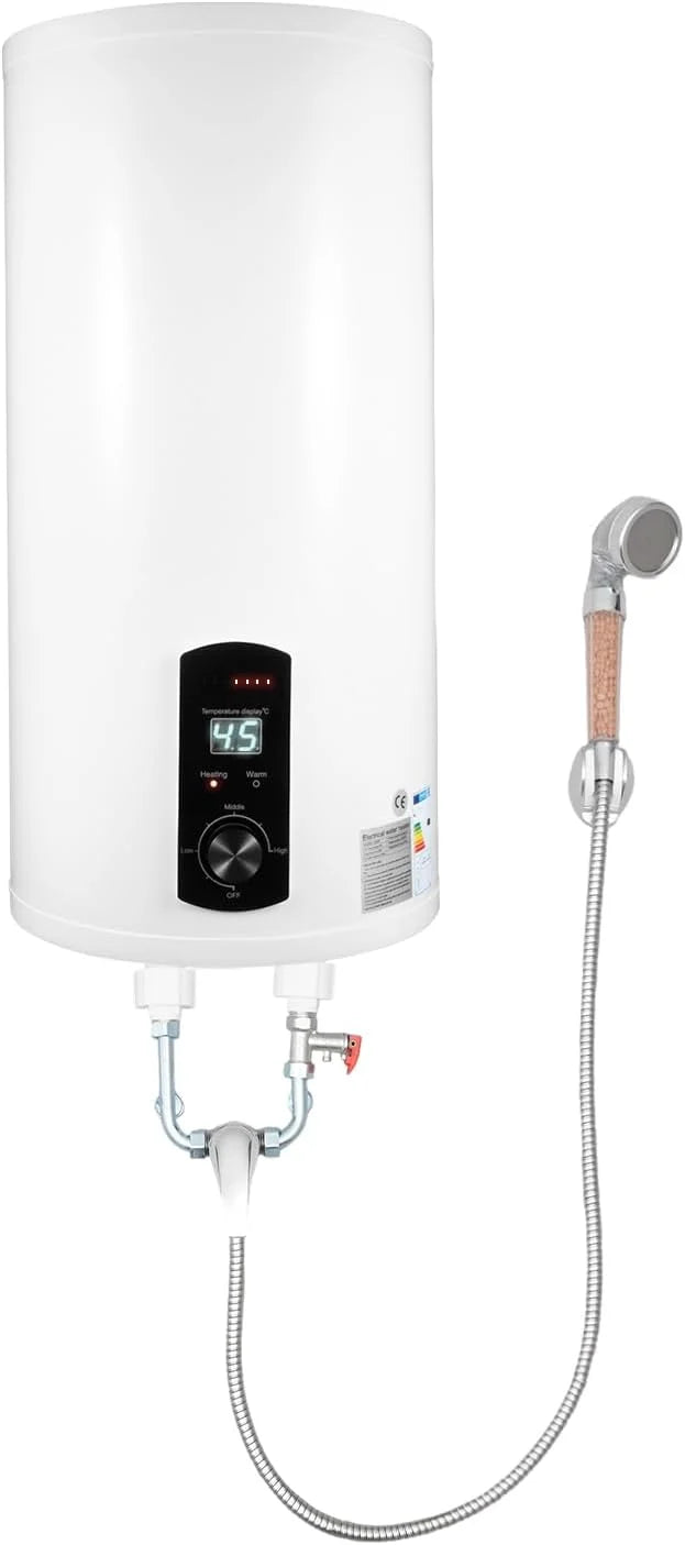 Bojler elektryczny zbiornik ciepłej wody 80 l, 2000 W, mocowanie na ścianie, bojler na wodę, prysznic ze słuchawką prysznicową, węże, zakres temperatury ogrzewania 25-75°C