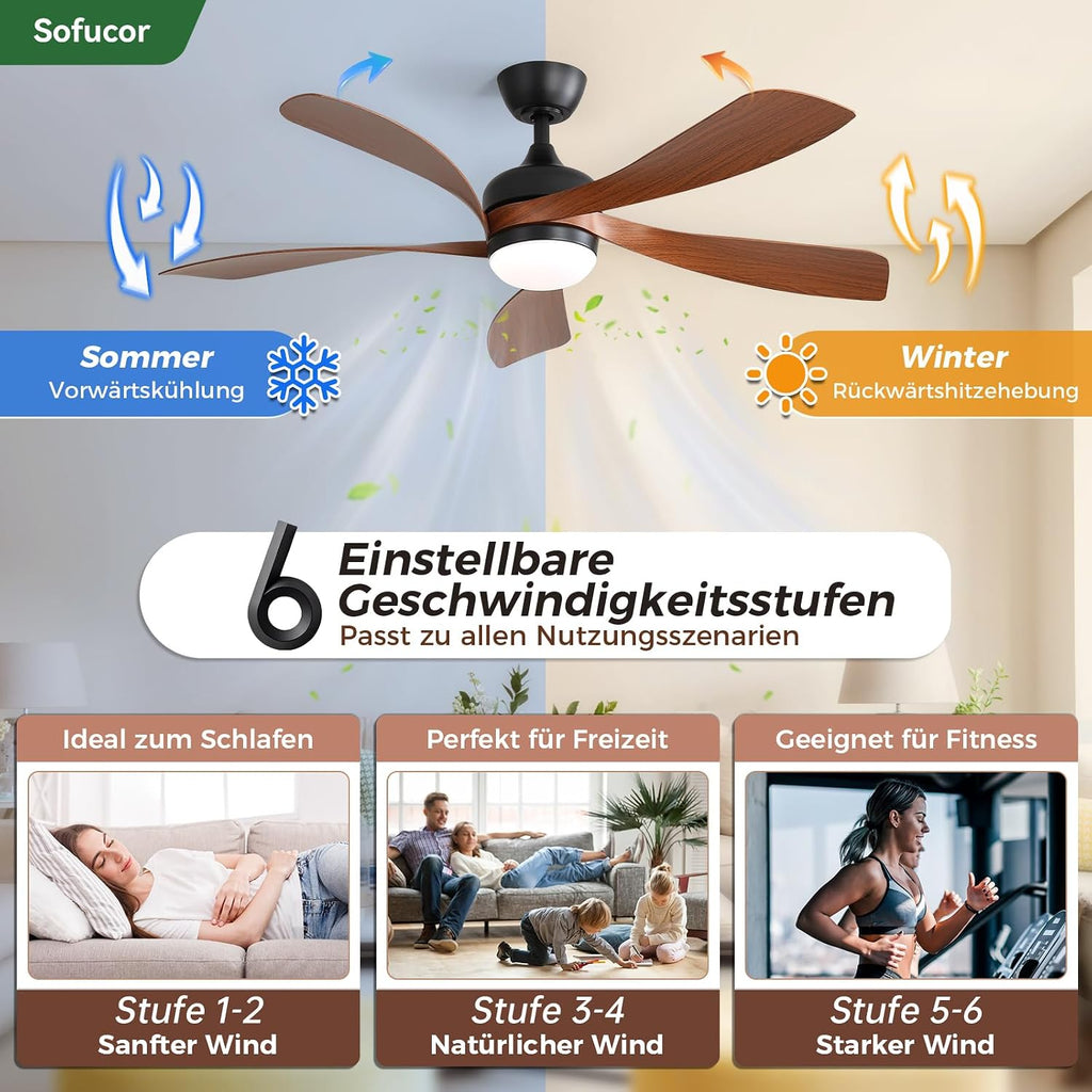 Ventilador de techo inteligente Sofucor con luz, 132 cm, compatible con Alexa/APP, control remoto, 3 temperaturas de color, temporizador, 6 velocidades, motor CC silencioso para sala de estar