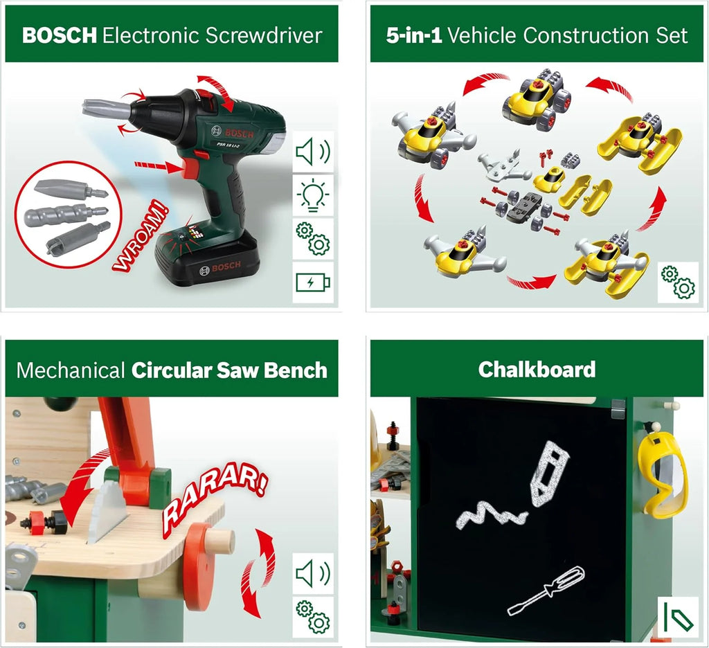 Klein 8734 Drewniany Stół Warsztatowy Bosch i Solidny Stół Warsztatowy Dla Dzieci, Regulowana Wysokość I Elektryczna Wiertarka Akumulatorowa