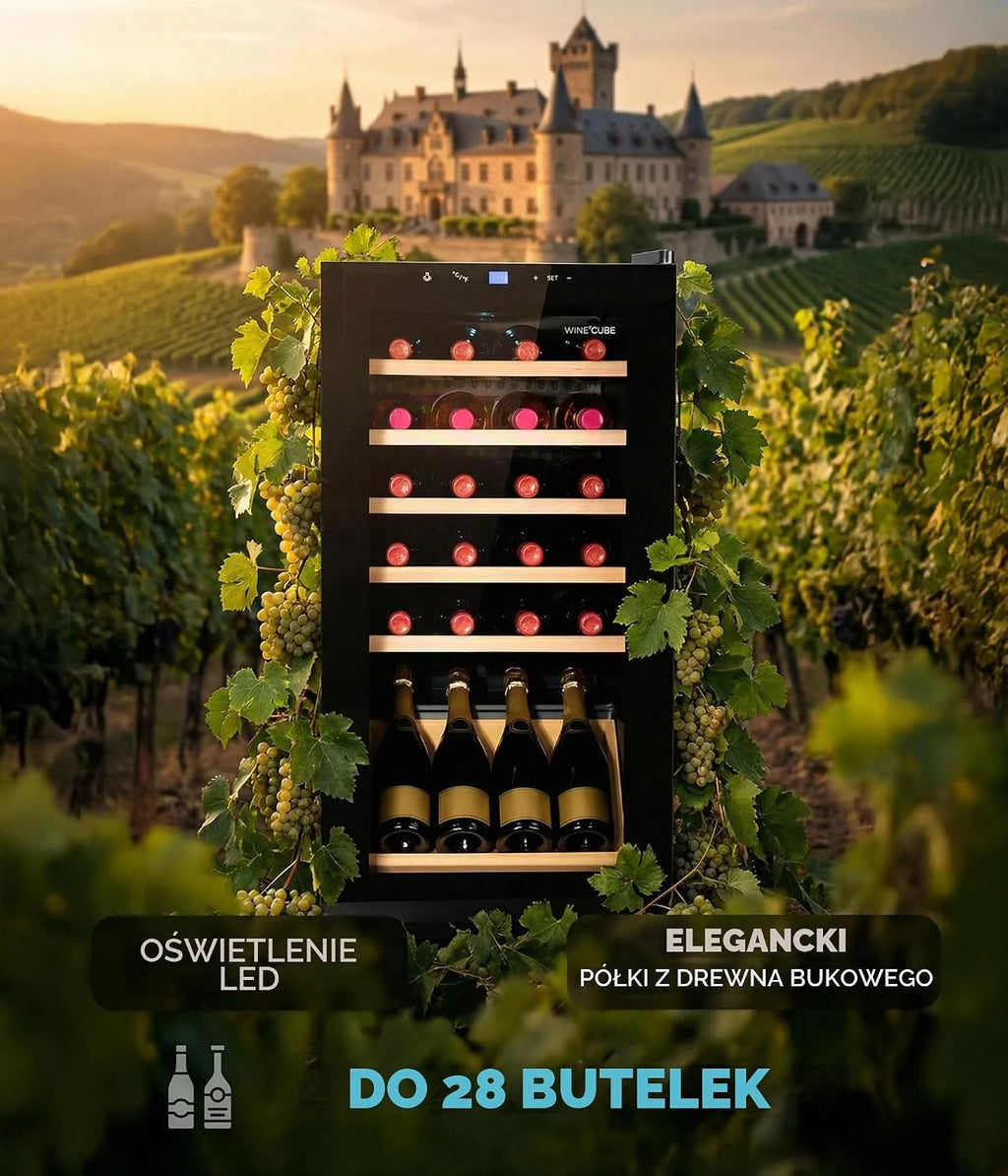 °CUBES Lodówka na wino, 28 butelek (90 l) z eleganckimi szklanymi drzwiami i wysokiej jakości półkami z drewna bukowego, 5-18°C, niski poziom wibracji i cicha (40 dB) | szafka na wino z wyświetlaczem