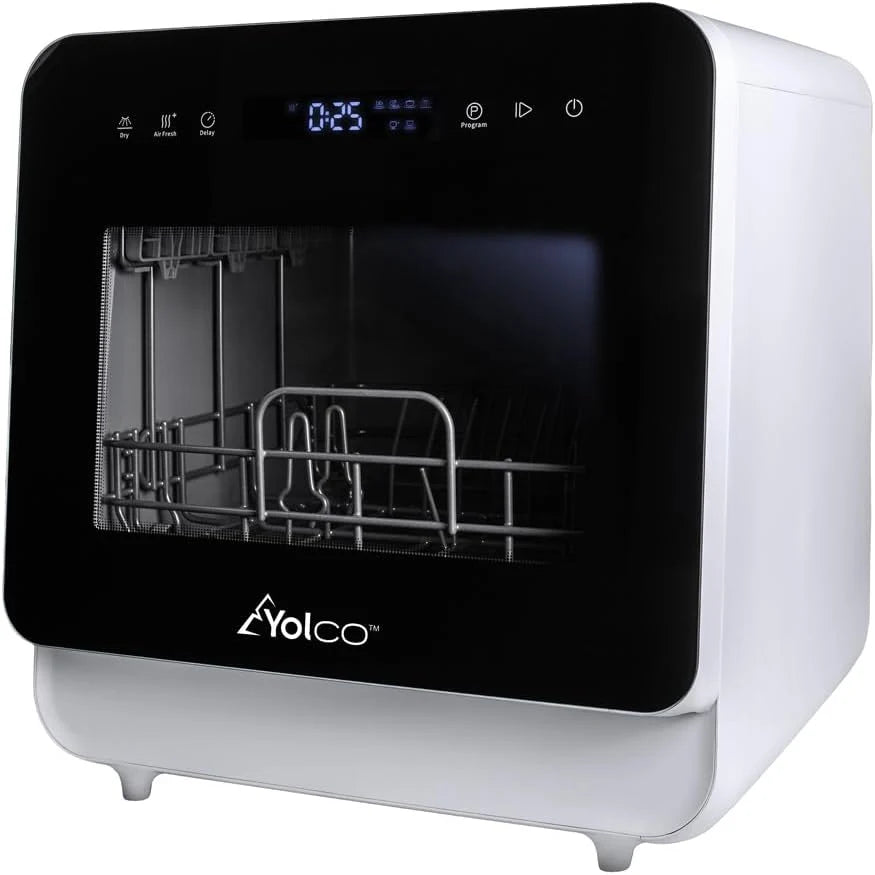 Yolco DWM02 Kompaktowa zmywarka stołowa 5L – Mini zmywarka na 2–3 komplety naczyń, wolnostojąca, 6 programów, 75°C gorąca woda, zbiornik na wodę i podłączenie wody, idealna do kuchni, mieszkania