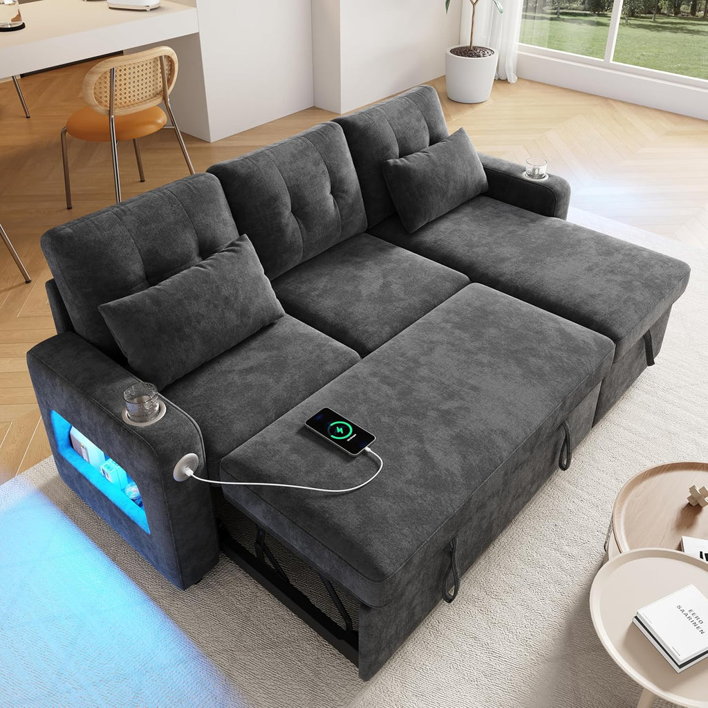 Sofá en L Merax con función cama y arcón, práctico sofá cama con espacio de almacenamiento, iluminación LED, USB/Tipo-C y 2 portavasos, sofá cama extraíble en forma de L, tela de chenilla, gris