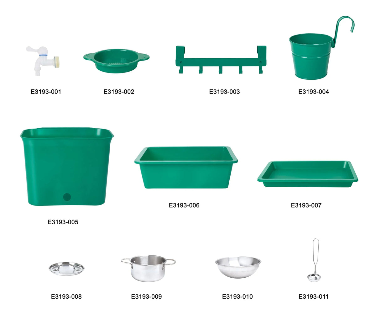 Cocina de juguete para exteriores E3193 de madera de pino para niños a partir de 3 años con fogones, horno, fregadero, depósito de agua y accesorios de cocina